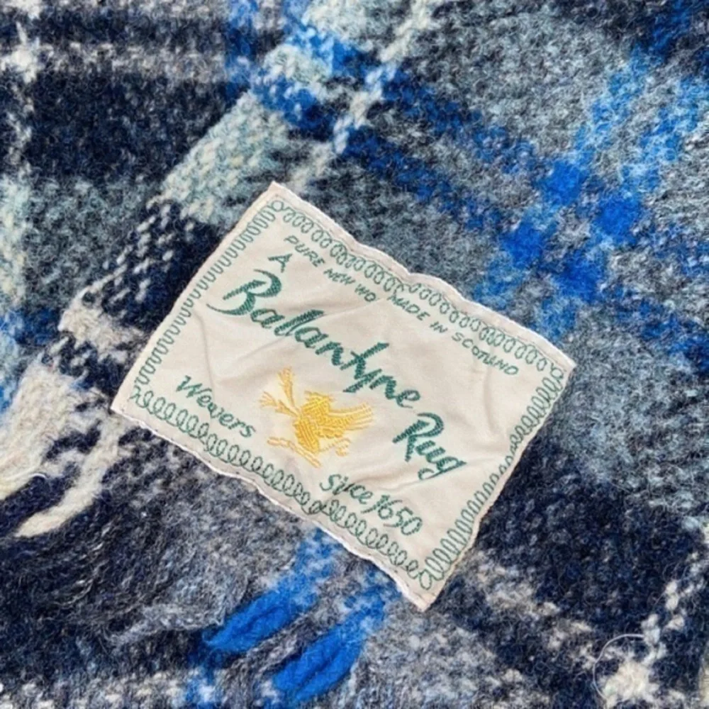 Ballantyne‎ Pure Wool Blue Plaid Checkered Fringe Vintage Throw Blanket